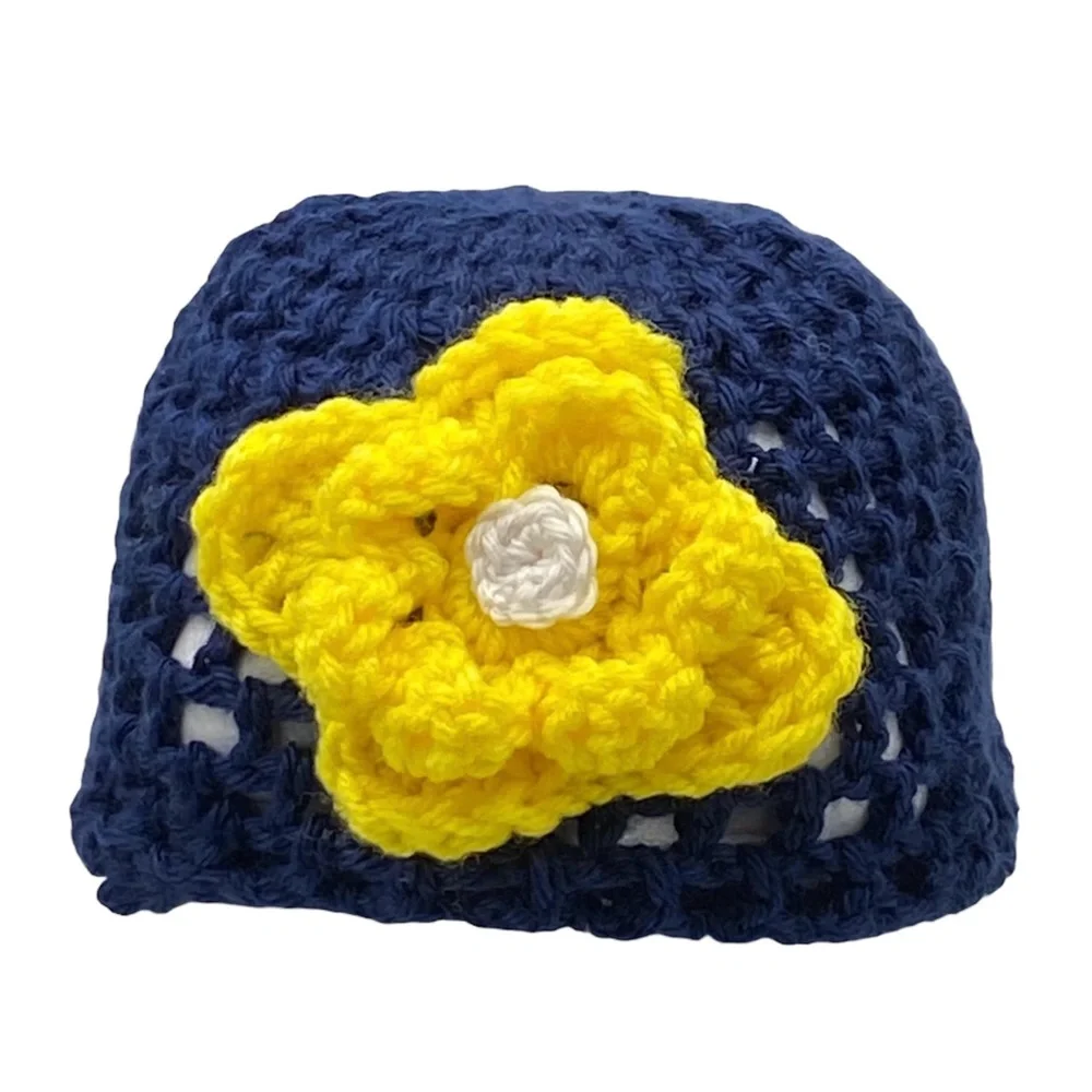 Girl's Hand-Crocheted Navy and Yellow Flower Beanie